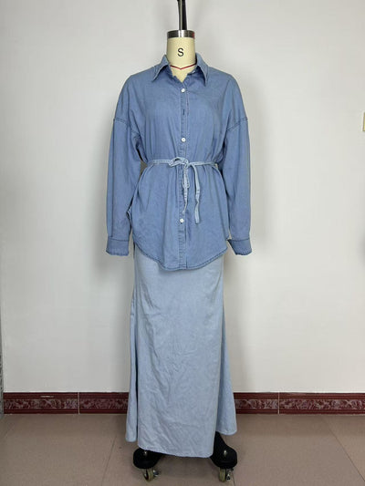 Chaqueta Denim Suelta con Cintura Anudada y Botones para Mujer - Image 20