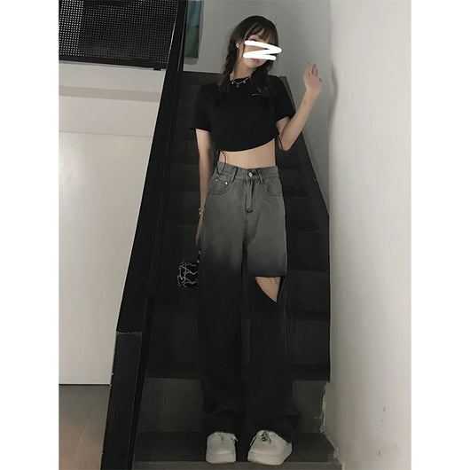 Pantalones Vaqueros Rotos Cintura Alta Pierna Recta Mujer - Image 7