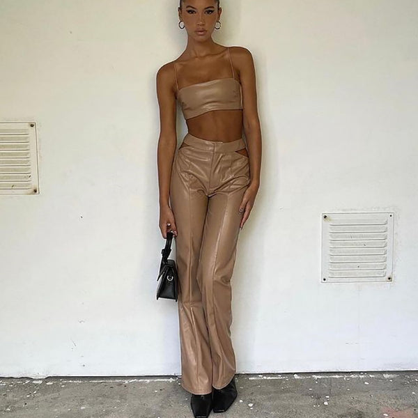Conjunto de Dos Piezas: Chaleco de Cuero PU y Pantalón Recto para Mujer