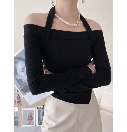 Blusa Otoñal de Manga Larga con Cuello Halter y Suéter Tejido en Hombros - Image 10