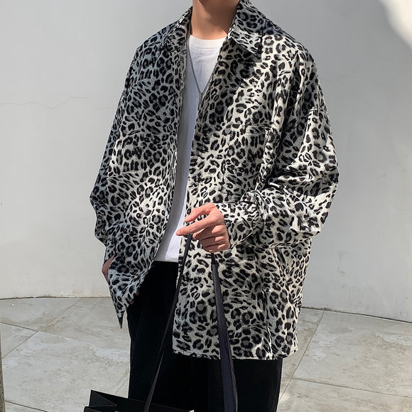 Chaqueta Camisa Suelta Solapa Ancha Estampado Leopardo Retro para Parejas