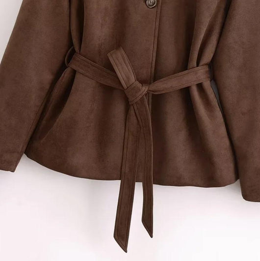 Chaqueta Camisa Polo Suede con Cinturón - Manga Larga Oversize - Image 4