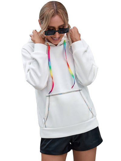 Sudadera Hoodie Suelta con Bloques de Color Arcoíris y Cintas - Image 24