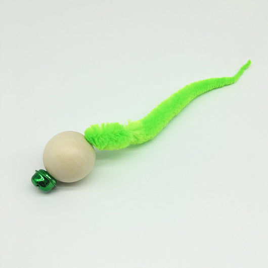 Wooden bead cat toy with a golden bell and a neon yellow fuzzy worm-like attachment on a white background. - Image 18