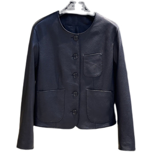 Chaqueta Corta de Cuero Genuino para Mujer - Cuello Redondo en Piel de Borrego - Image 6