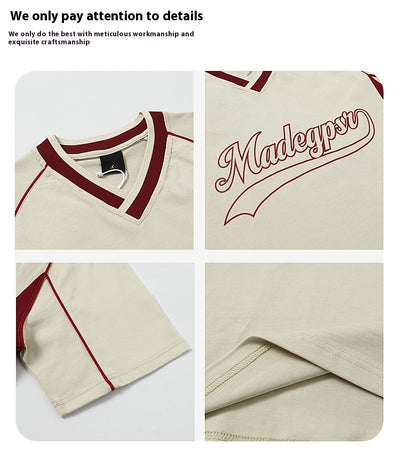 Men's khaki and red color contrast patchwork t-shirt with short raglan sleeves and a V-neck. - Image 7
