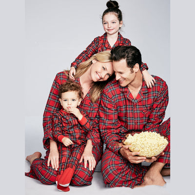 Men's red and green plaid pajama set with a long-sleeved button-up shirt and matching long pants. - Image 9