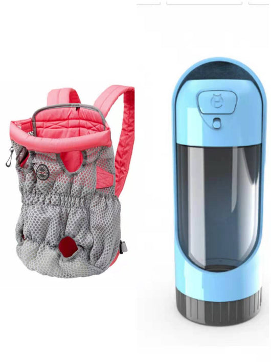 Navy blue mesh pet carrier backpack with leg holes and a light blue portable pet water bottle with a transparent reservoir. - Image 17