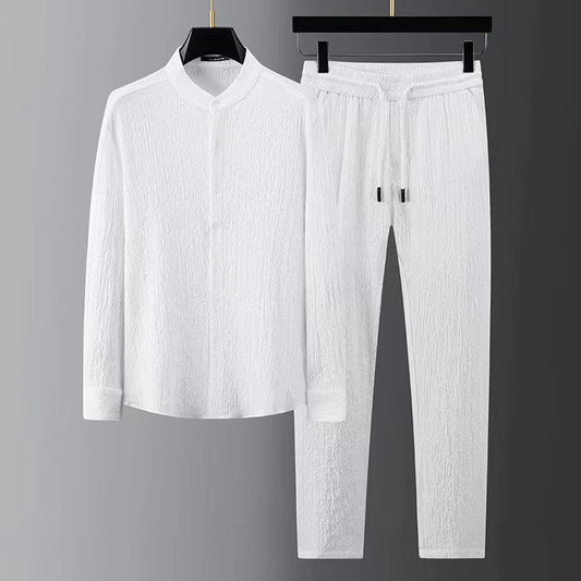 Camisa Casual Seersucker a Rayas para Hombre - Cuello Mao Ligera Perfecta para Verano
