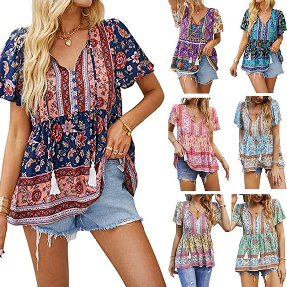 Blusa Suelta con Cuello en V y Cordón Ajustable para Mujer