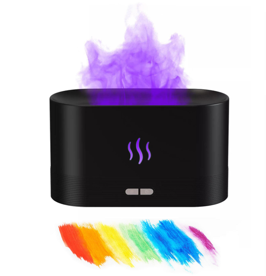 Black aroma diffuser with purple flame light effect and mist, featuring control buttons and a flame icon. - Image 14
