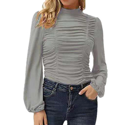 Blusa Manga Linterna Cuello Alto Colores Sólidos para Mujer - Image 27