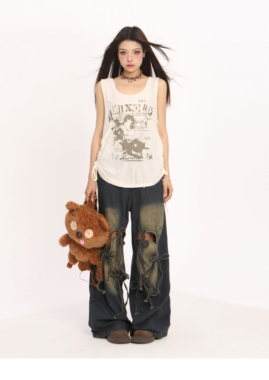 Pantalones Vaqueros Rotos con Cordones Cintura Alta Pierna Recta Mujer - Image 12