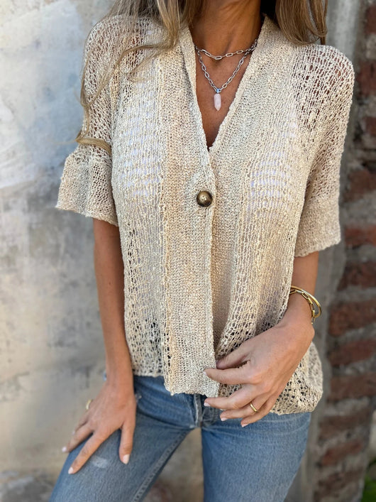Cardigan Calado con Cuello en V y Botón Simple - Blusa Tejida Elegante para Mujer - Image 3