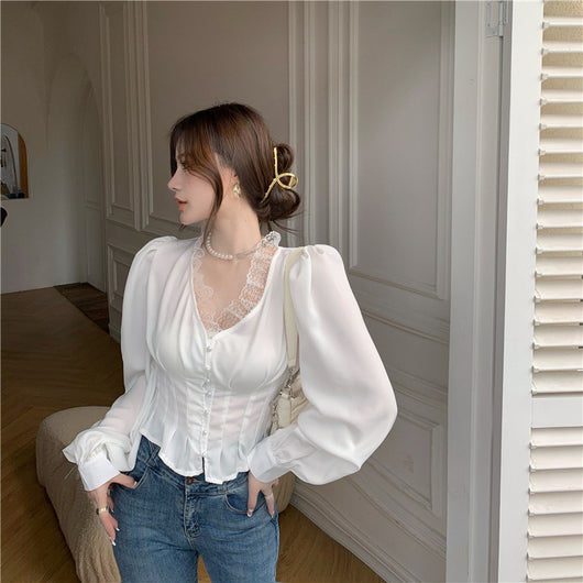 Blusa Blanca de Encaje con Mangas Largas y Volantes para Mujer