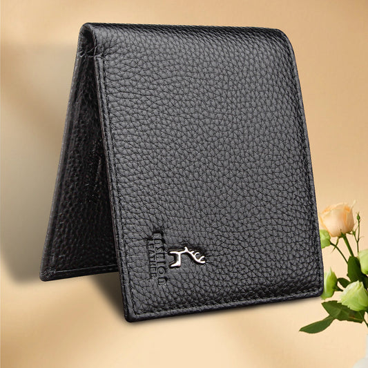 Billetera Bifold Corta para Hombre en Cuero Genuino de Res Negro