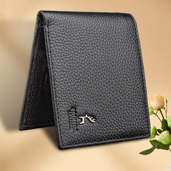 Billetera Bifold Corta para Hombre en Cuero Genuino de Res Negro