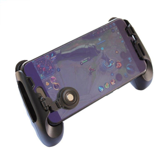 Rose gold mobile gaming controller with a joystick and trigger buttons, holding a smartphone displaying a game.