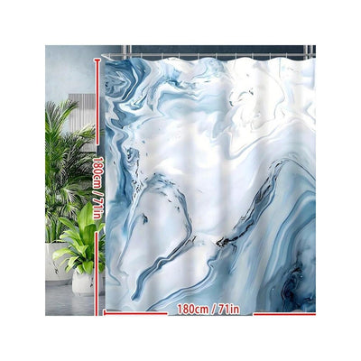 Blue and white marble pattern shower curtain made of polyester, hanging from a silver shower rod in a modern bathroom. - Image 3
