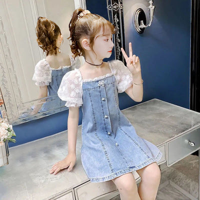 Vestido Denim Niña con Encaje y Mangas Abullonadas - Estilo A-Line Patchwork Verano - Image 4