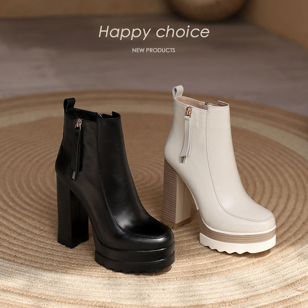 Botas Tobilleras de Cuero con Plataforma y Tacón Grueso
