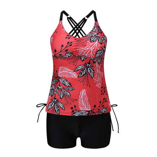 Fuchsia pink tankini swimsuit for women featuring a pleated halter top and matching swim shorts, modeled on a beach. - Image 18