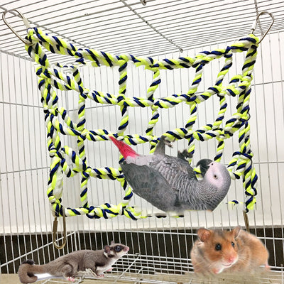 Yellow and blue woven rope climbing net for small pets, featuring a grid pattern and four metal hooks. - Image 9