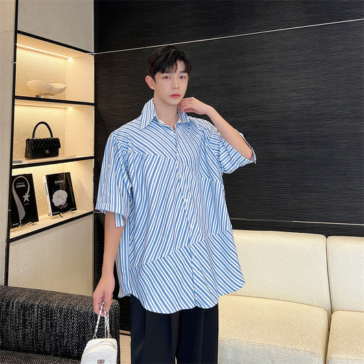 Cardigan Suelto Azul Rayado con Costuras Irregulares para Hombre - Image 13