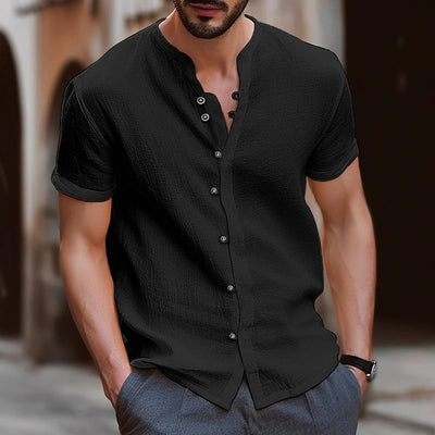 Camisa Retro de Algodón y Lino para Hombre con Botones - Manga Corta Casual - Image 8