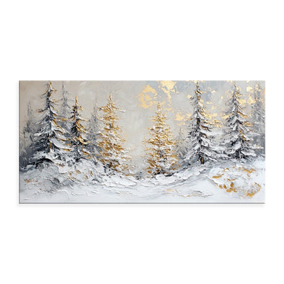 Cuadro Óleo Artesanal Escena Invernal Navideña con Pinos Dorados para Decoración del Hogar - Image 5
