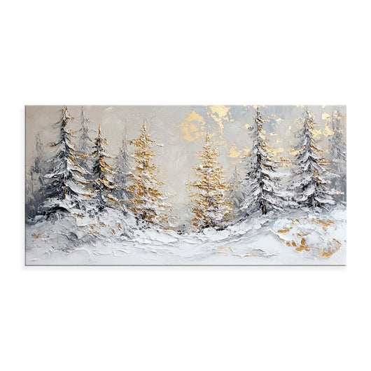 Cuadro Óleo Artesanal Escena Invernal Navideña con Pinos Dorados para Decoración del Hogar - Image 5