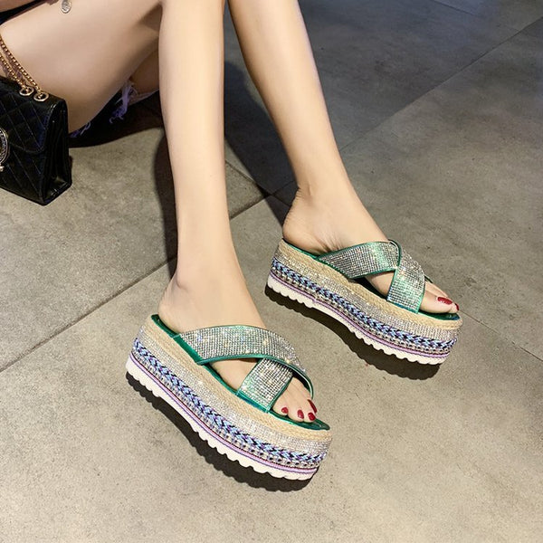 Pantuflas Plataforma Impermeables con Strass y Tejido Cruzado para Mujer