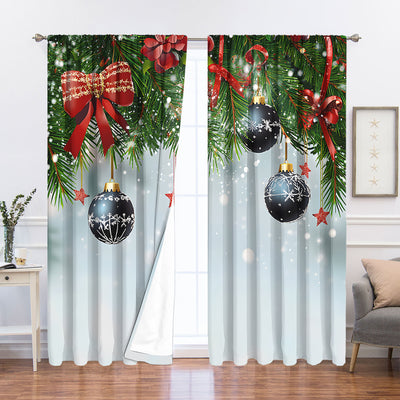 Pair of Christmas curtains with a 3D digital print of a snowy winter window scene, frosted trees, and snowflakes. - Image 33