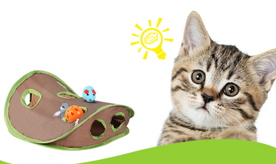 Brown and green cat play tunnel with nine holes, featuring a blue plush mouse and an orange ball with a bell. - Image 10