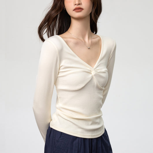 Blusa Elegante Escote Profundo con Nudo y Manga Larga