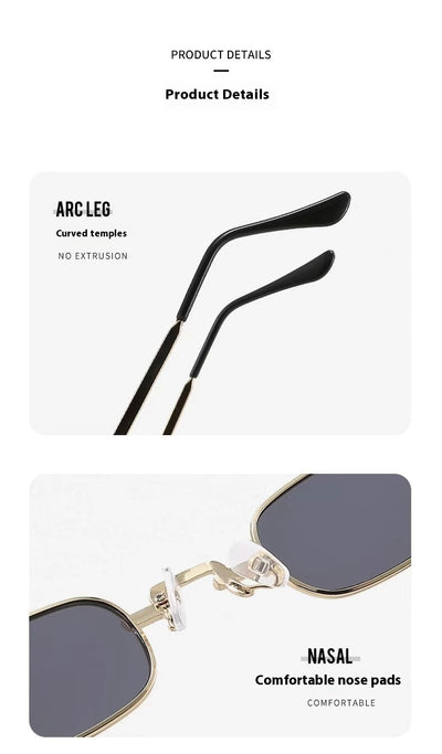 Trendy rectangular sunglasses with gold metal frames and brown lenses, shown from front and a 45-degree angle. - Image 25