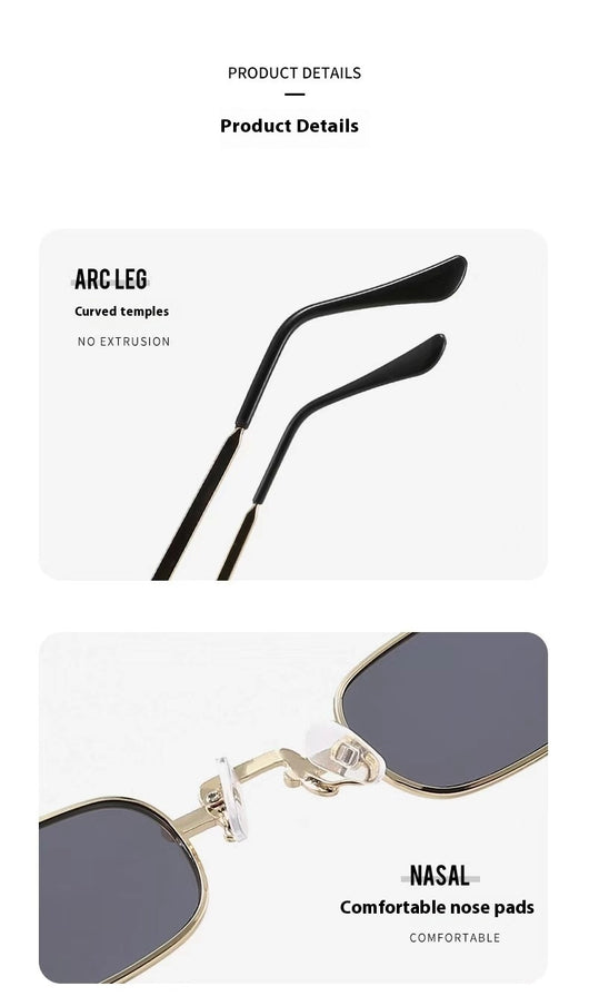 Trendy rectangular sunglasses with gold metal frames and brown lenses, shown from front and a 45-degree angle. - Image 25