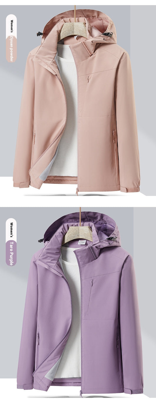 Lavender windproof sports jacket with a hood, full zipper, and fleece lining, shown on a hanger. - Image 28