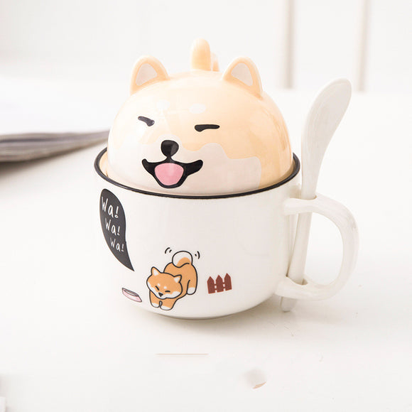 Taza de Oficina de Cerámica con Diseño Infantil, Tapa y Cuchara