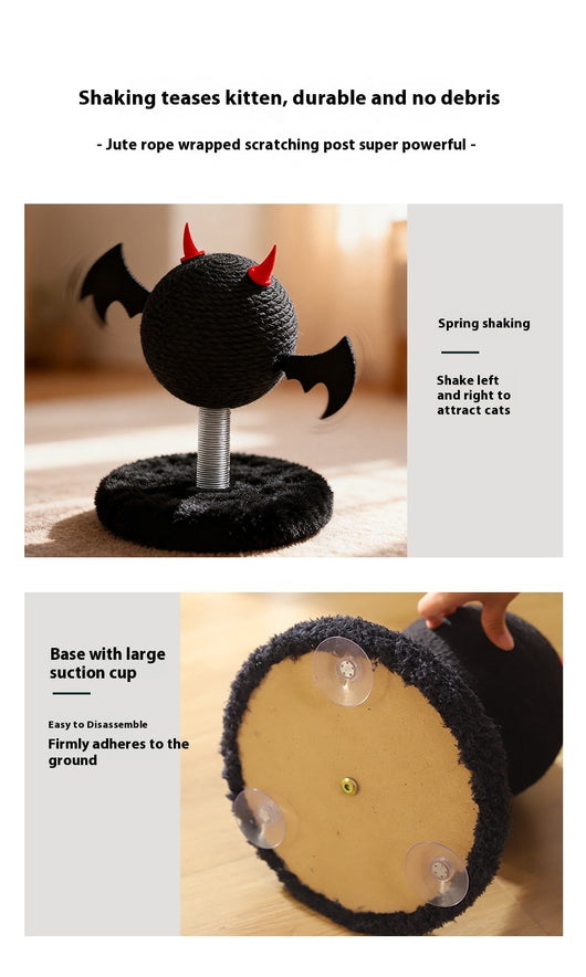 Black cat scratching toy with a sisal-wrapped ball, red devil horns, and black bat wings on a spring base. - Image 9