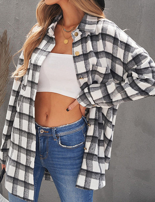 Camisa Abrigo de Lana a Cuadros para Mujer - Manga Larga Casual - Image 5