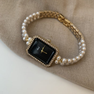 Reloj de Pulsera Cuarzo Perla Negra Cuadrado con Diamantes Plata - Image 6