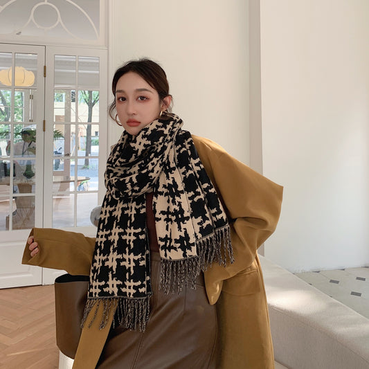 Chal Grueso de Cuadros Houndstooth con Flecos Largos - Bufanda de Temperamento y Calidez para Mujer
