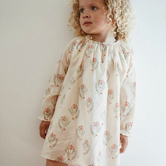 Vestido Infantil de Algodón Estampado Floral Manga Larga para Niña