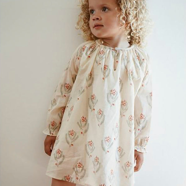 Vestido Infantil de Algodón Estampado Floral Manga Larga para Niña