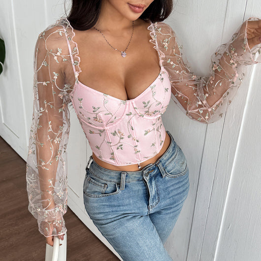 Blusa Larga de Malla Transparente con Parches Bordados - Image 22