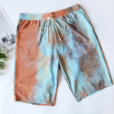 Men's or unisex swim shorts with a blue, orange, and brown abstract tie-dye print, featuring a drawstring waist and side pockets. - Image 6