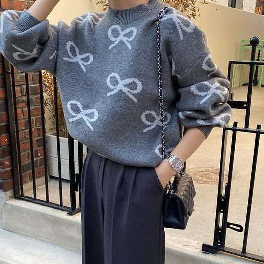 Suéter Jacquard con Moño y Cuello Redondo - Blusa Holgada de Manga Larga