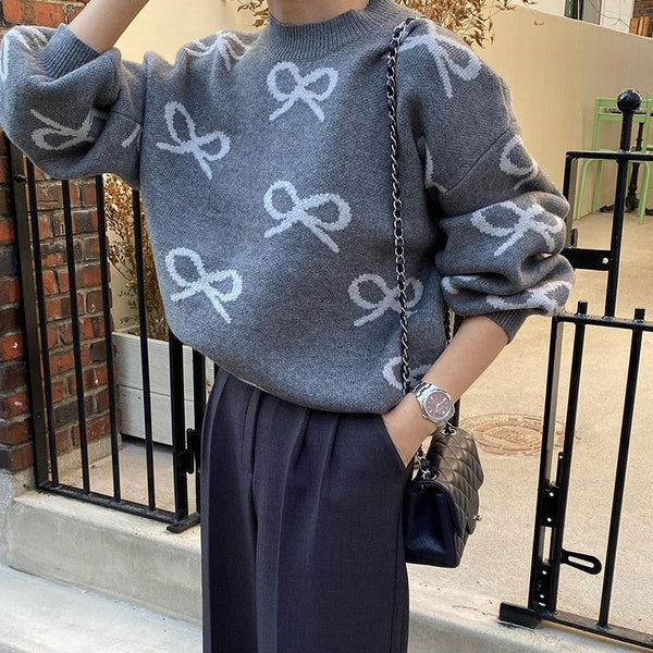 Suéter Jacquard con Moño y Cuello Redondo - Blusa Holgada de Manga Larga