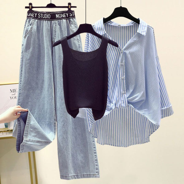 Conjunto de 3 Piezas: Camisa a Rayas, Blusa y Jeans Anchos
